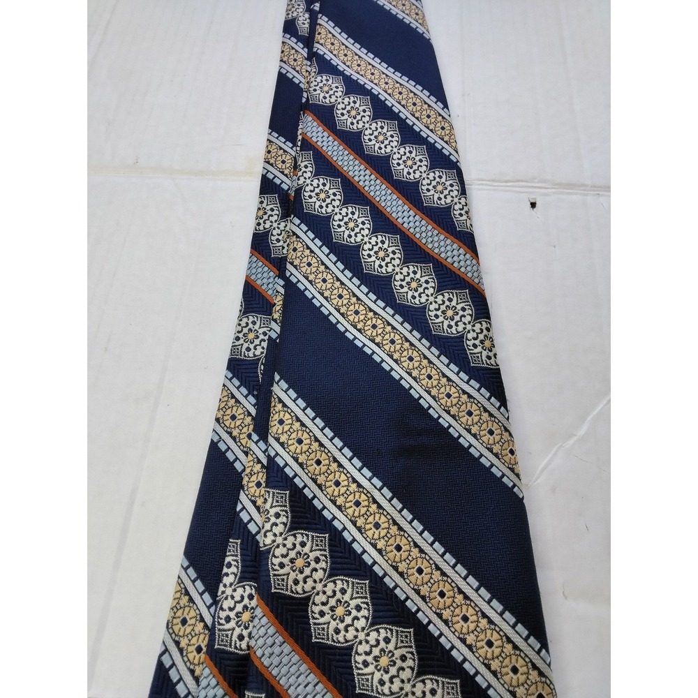 Vintage Dino Orsini Tie Medallion Stripe Navy Gold Trevira Polyester 70s ACWA - Picture 6 of 6